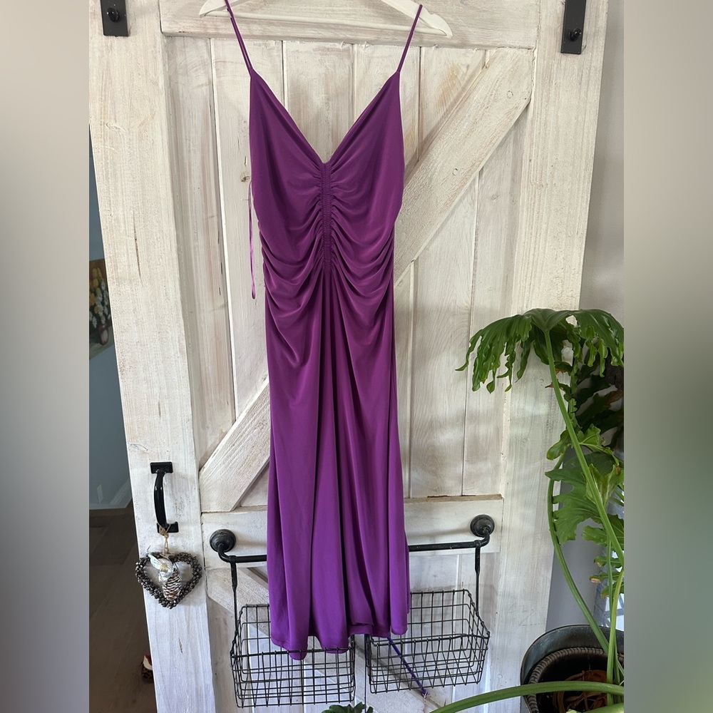 Zara Purple Ruched V-Neck Spaghetti-Strap Maxi Dress